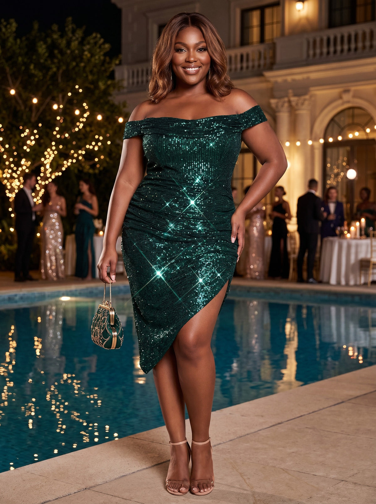Sequin Bodycon Off the Shoulder Pleated Plus Size Formal Dresses