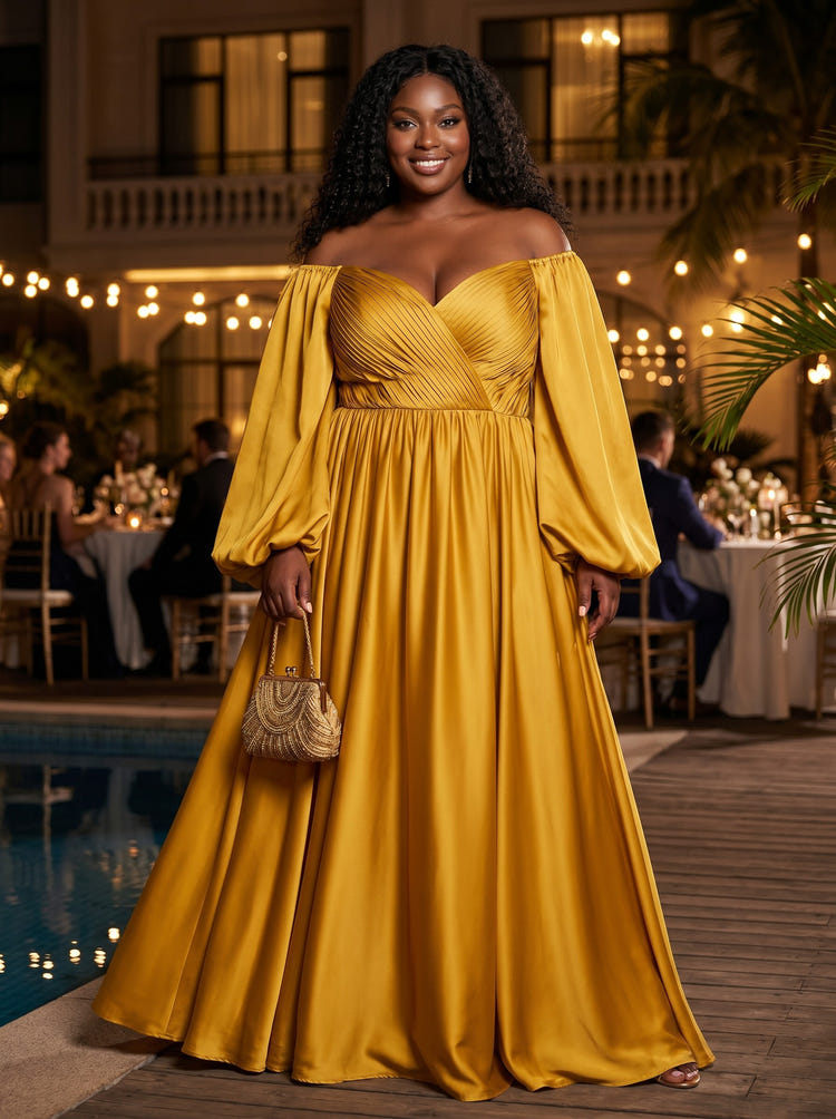 Satin A-Line Off the Shoulder Delicate Pleated Plus Size Formal Dresses