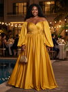 Satin A-Line Off the Shoulder Delicate Pleated Plus Size Formal Dresses