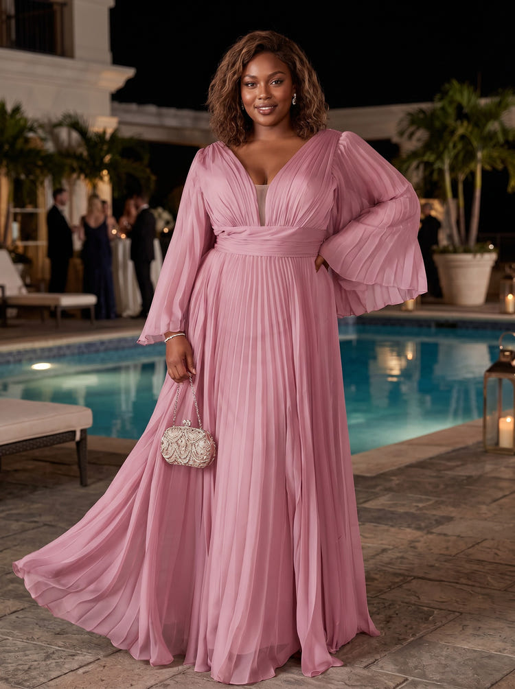 Chiffon A-Line V Neck Delicate Pleated Plus Size Formal Dresses