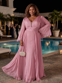 Chiffon A-Line V Neck Delicate Pleated Plus Size Formal Dresses