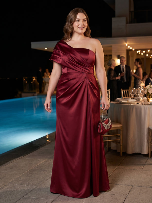 Satin Sheath One Shoulder Pleated Plus Size Formal Dresses