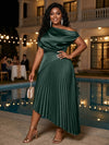 Satin High Low Off the Shoulder Delicate Pleated Plus Size Formal Dresses