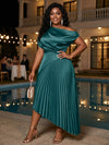 Satin High Low Off the Shoulder Delicate Pleated Plus Size Formal Dresses