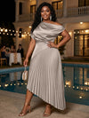 Satin High Low Off the Shoulder Delicate Pleated Plus Size Formal Dresses