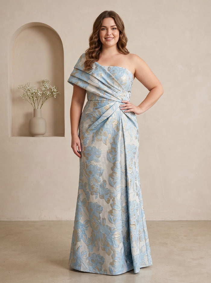 Jacquard Sheath One Shoulder Pleated Plus Size Formal Dresses
