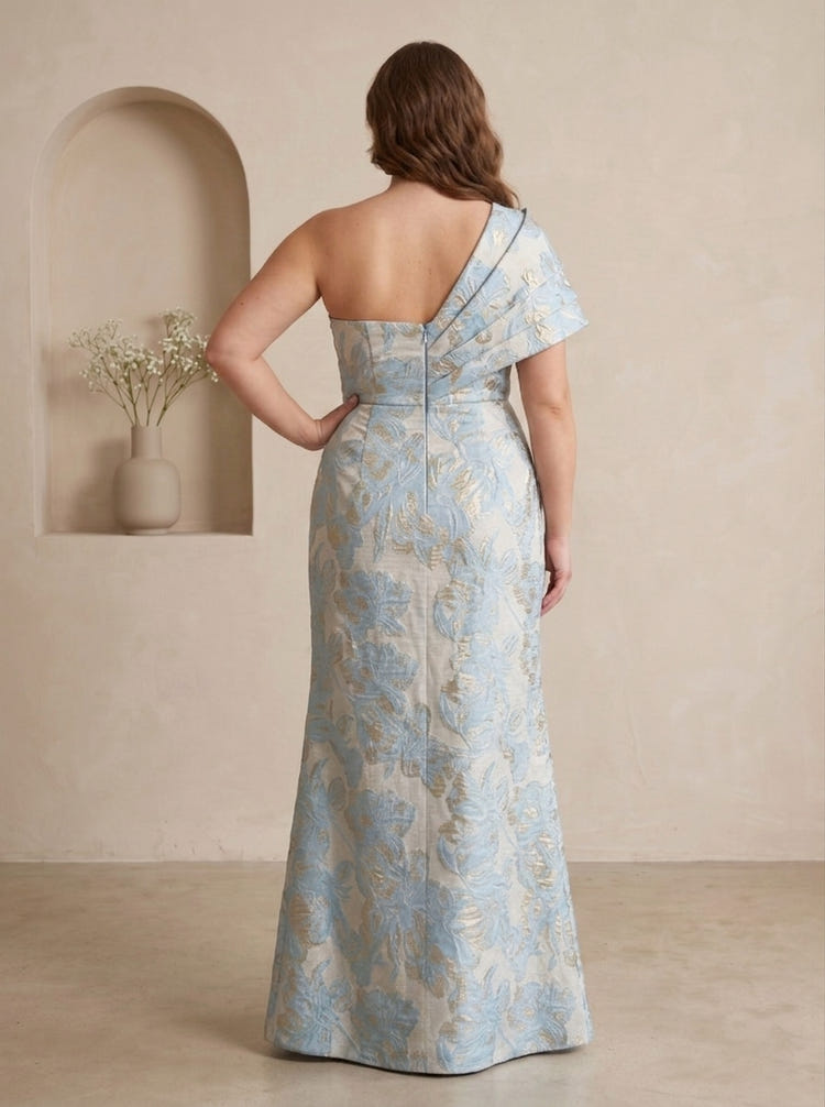 Jacquard Sheath One Shoulder Pleated Plus Size Formal Dresses