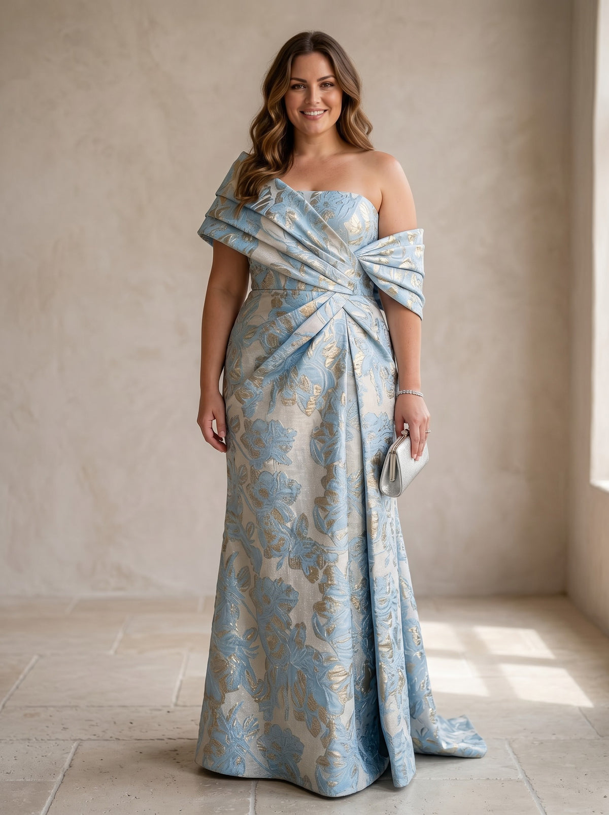 Jacquard Mermaid One Shoulder Pleated Plus Size Formal Dresses
