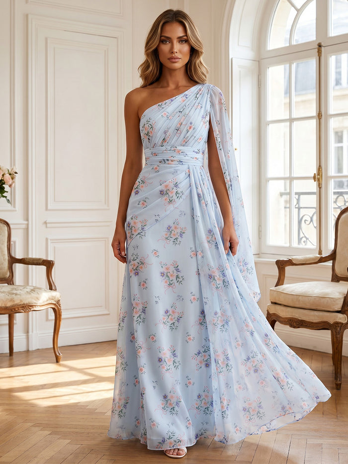 Chiffon A-Line One Shoulder Formal Dresses with Sash