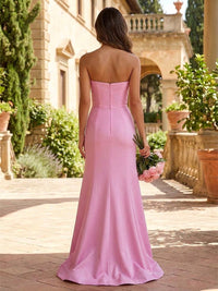 Satin Mermaid Strapless Formal Dresses with 3D Flowers