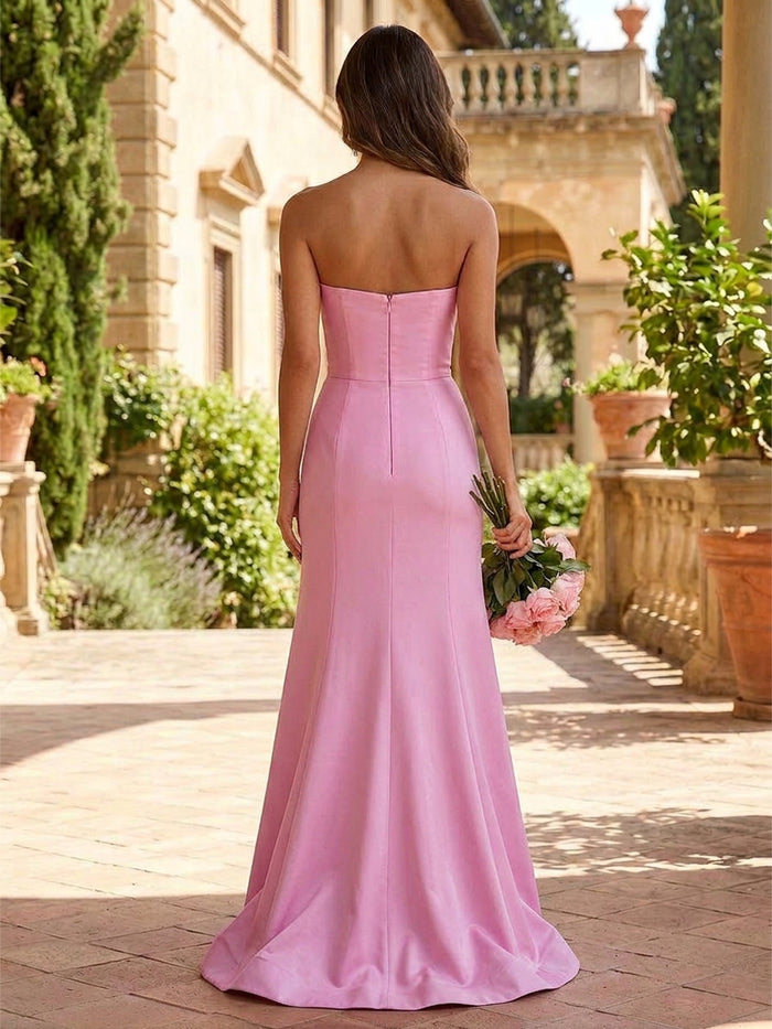 Satin Mermaid Strapless Formal Dresses with 3D Flowers