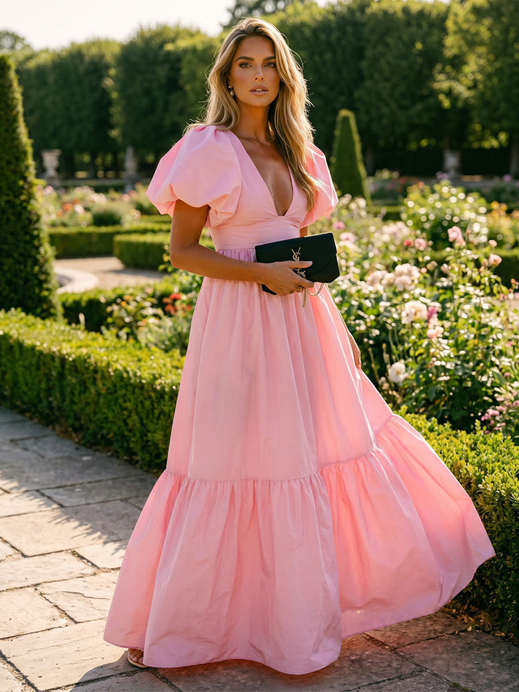 Satin A-Line V Neck Pleated Formal Dresses