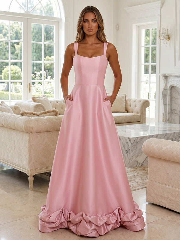 Satin A-Line Square Neck Formal Dresses with Ruffles