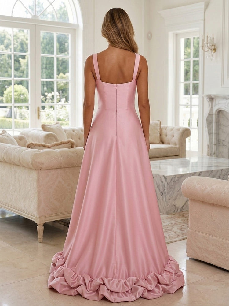 Satin A-Line Square Neck Formal Dresses with Ruffles