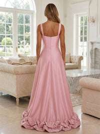 Satin A-Line Square Neck Formal Dresses with Ruffles