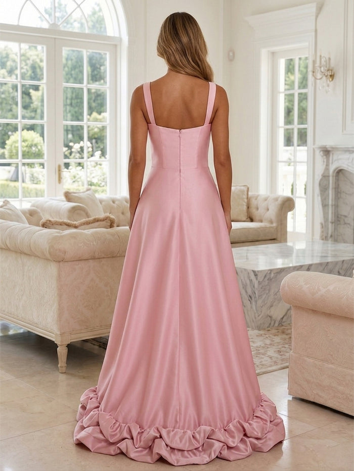 Satin A-Line Square Neck Formal Dresses with Ruffles