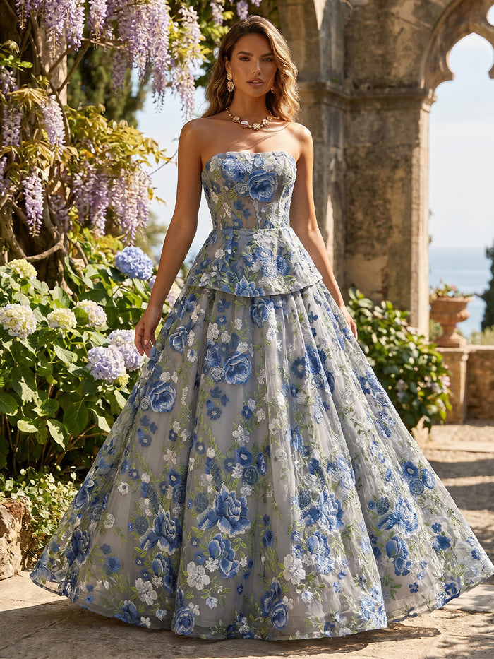 Tulle Ball Gown Strapless Formal Dresses with Floral Embroidery