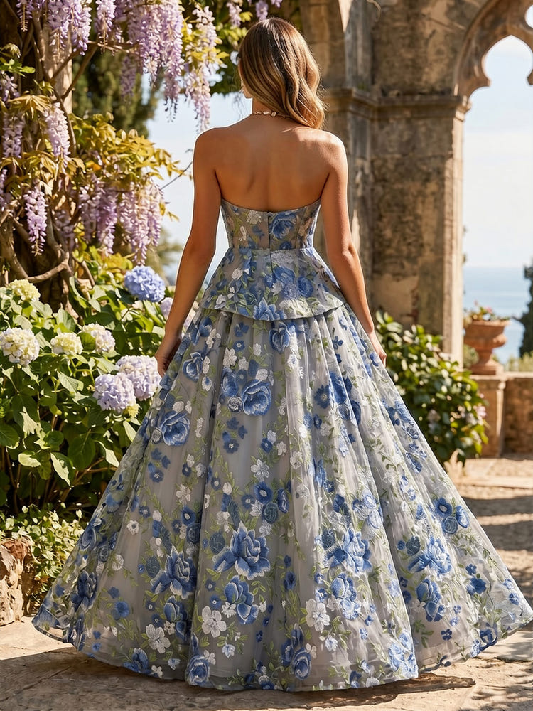 Tulle Ball Gown Strapless Formal Dresses with Floral Embroidery