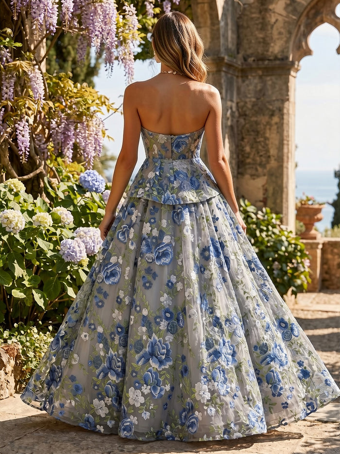 Tulle Ball Gown Strapless Formal Dresses with Floral Embroidery