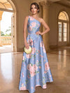 Satin A-Line One Shoulder Floral Print Formal Dresses