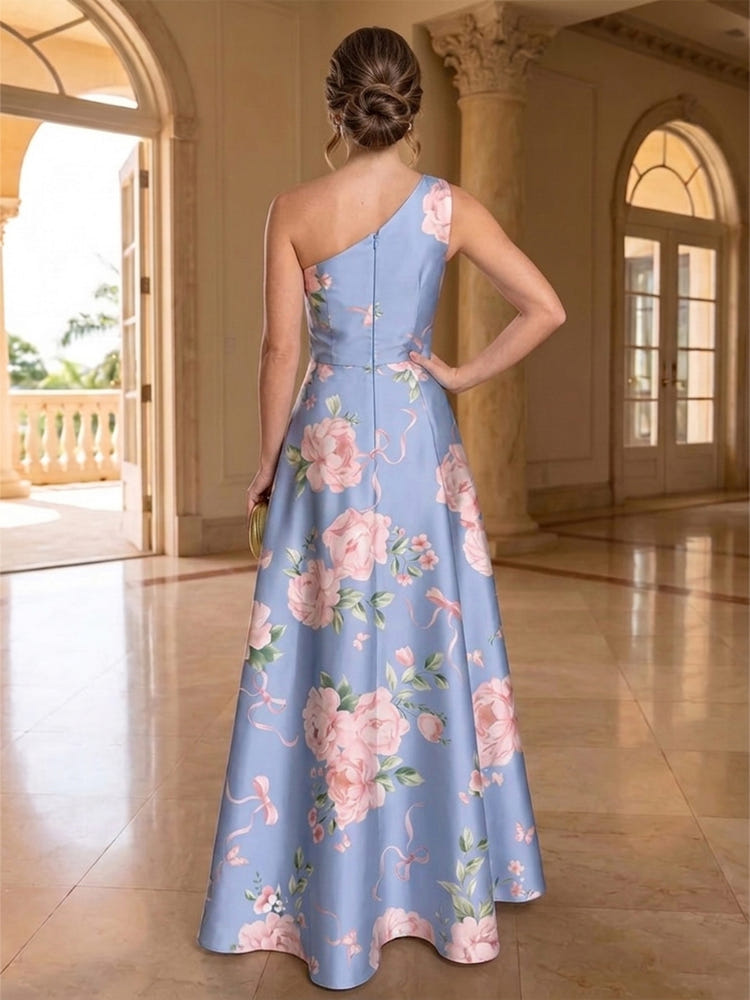Satin A-Line One Shoulder Floral Print Formal Dresses