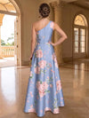 Satin A-Line One Shoulder Floral Print Formal Dresses