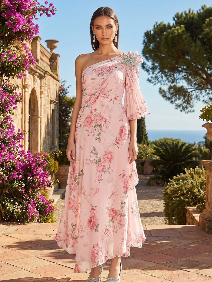 Chiffon A-Line One Shoulder Floral Print Formal Dresses