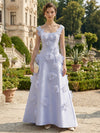 Satin A-Line Square Neck Formal Dresses with 3D Flowers
