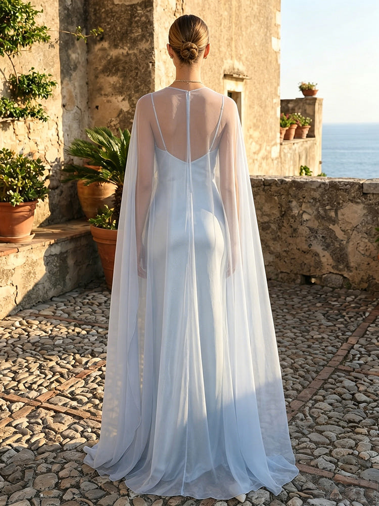 Satin Mermaid U-Neck Wedding Guest Dresses with Caps