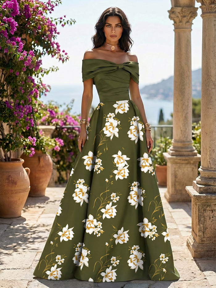 Jacquard A-Line Off the Shoulder Floral Formal Dresses