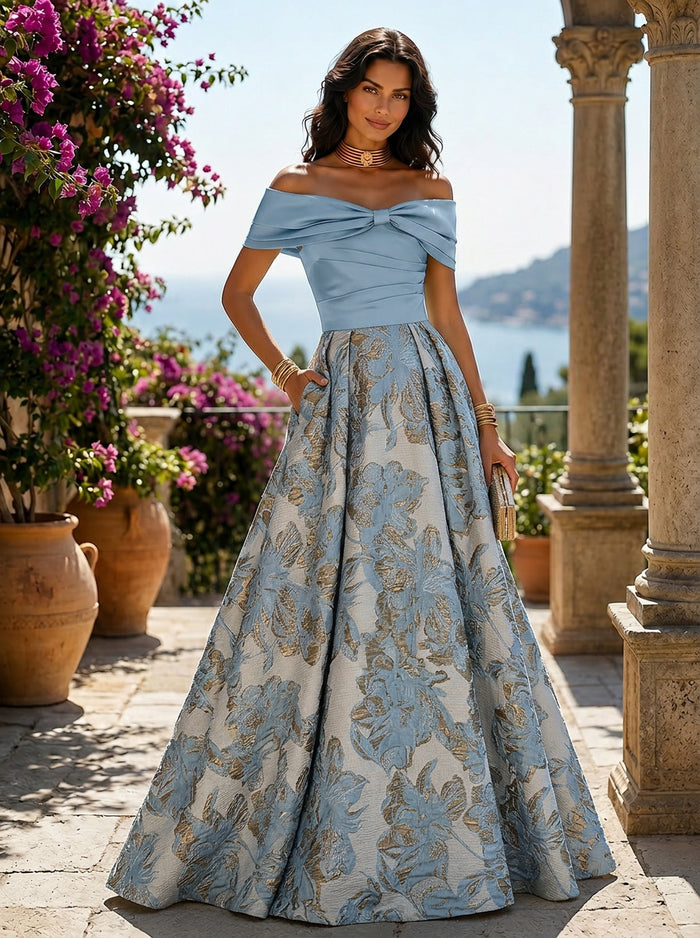 Jacquard A-Line Off the Shoulder Floral Formal Dresses
