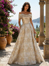 Jacquard A-Line Off the Shoulder Floral Formal Dresses