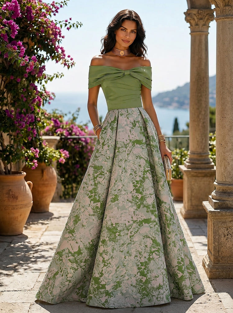 Jacquard A-Line Off the Shoulder Floral Formal Dresses