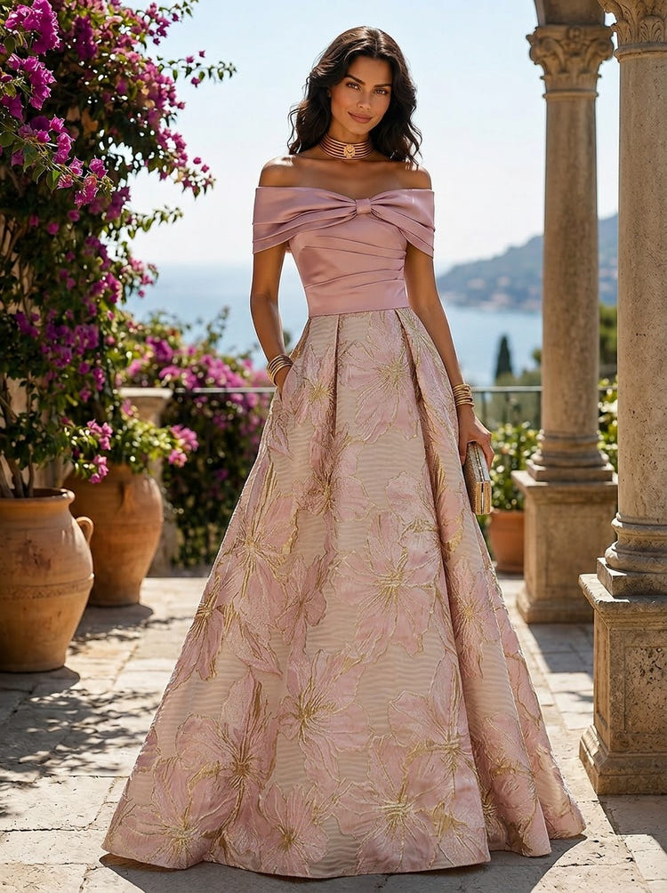 Jacquard A-Line Off the Shoulder Floral Formal Dresses