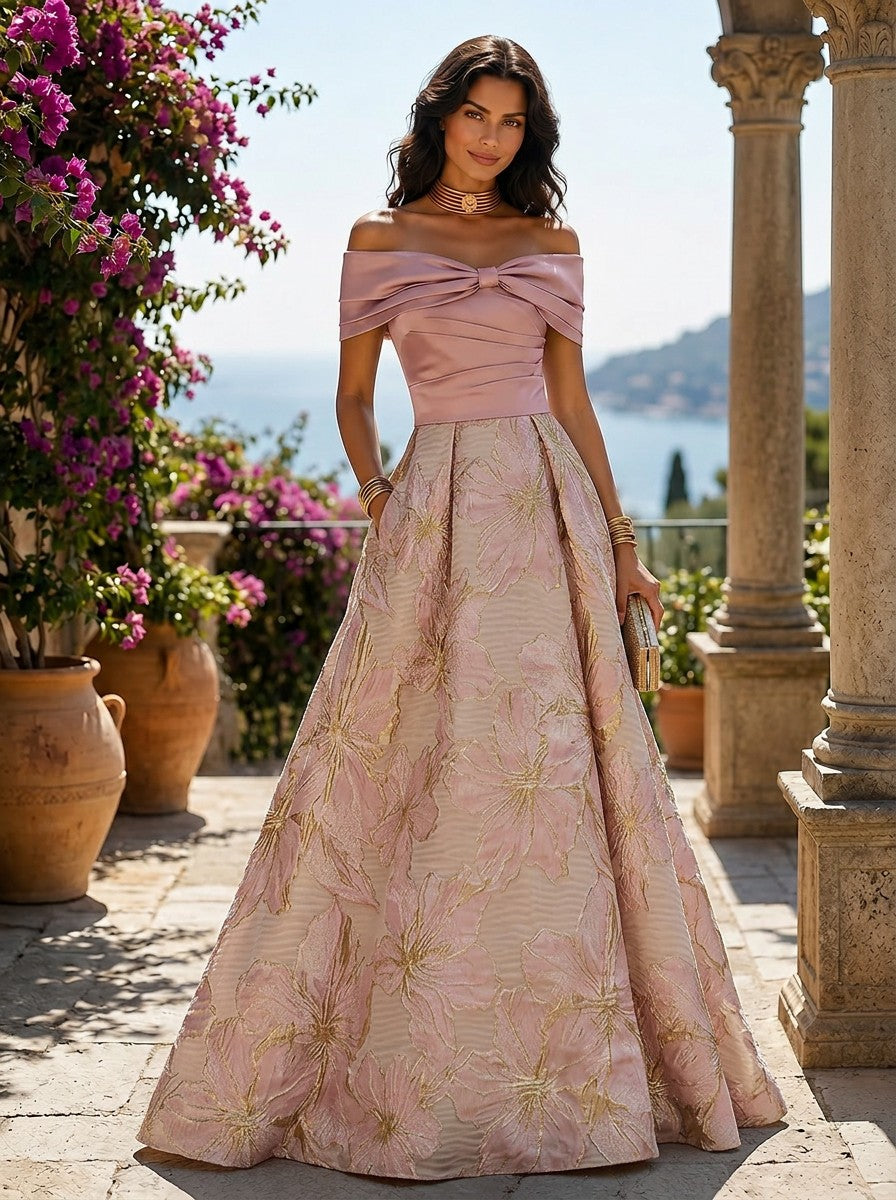 Jacquard A-Line Off the Shoulder Floral Formal Dresses