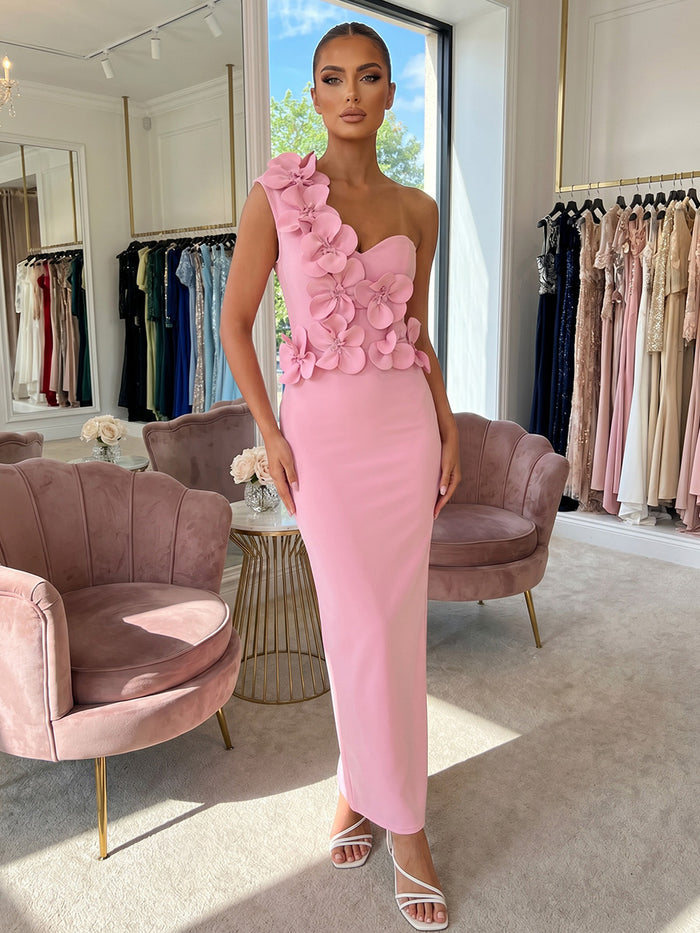 Jersey Sheath One Shoulder Formal Dresses with 3D Flowers