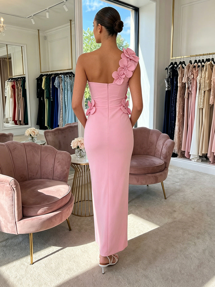 Jersey Sheath One Shoulder Formal Dresses with 3D Flowers