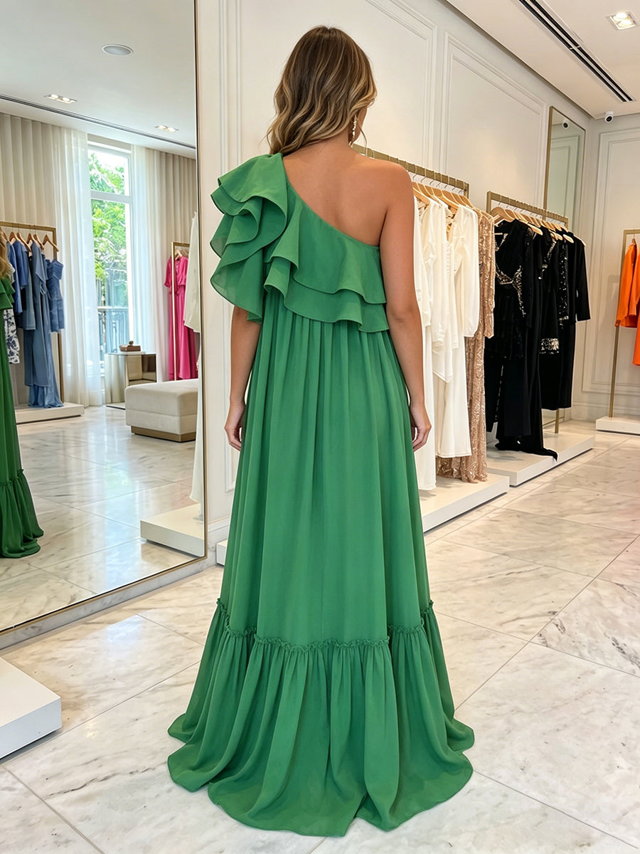 Chiffon A-Line One Shoulder Formal Dresses with Ruffles