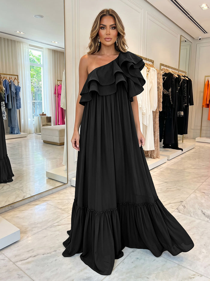 Chiffon A-Line One Shoulder Formal Dresses with Ruffles