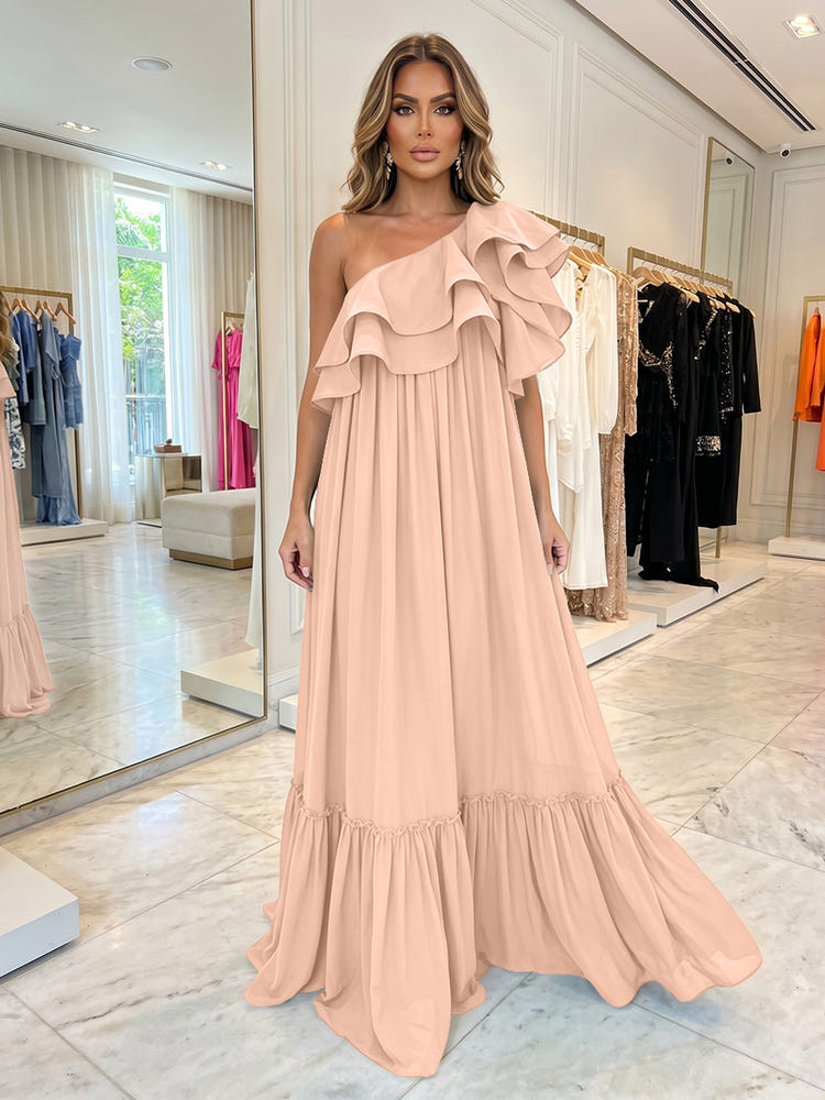 Chiffon A-Line One Shoulder Formal Dresses with Ruffles