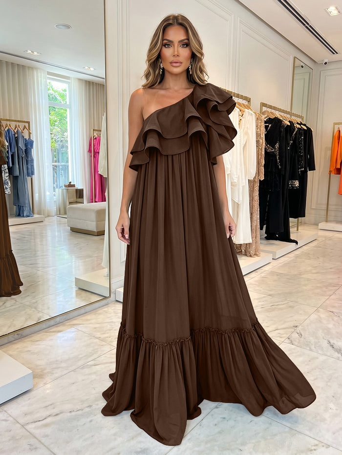 Chiffon A-Line One Shoulder Formal Dresses with Ruffles