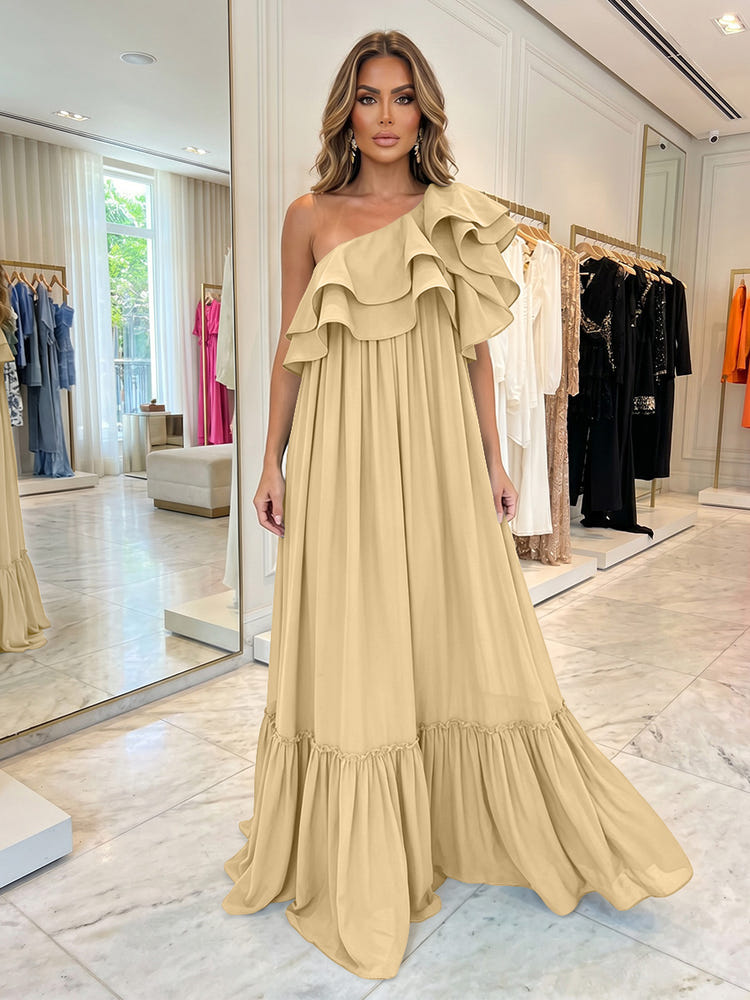 Chiffon A-Line One Shoulder Formal Dresses with Ruffles