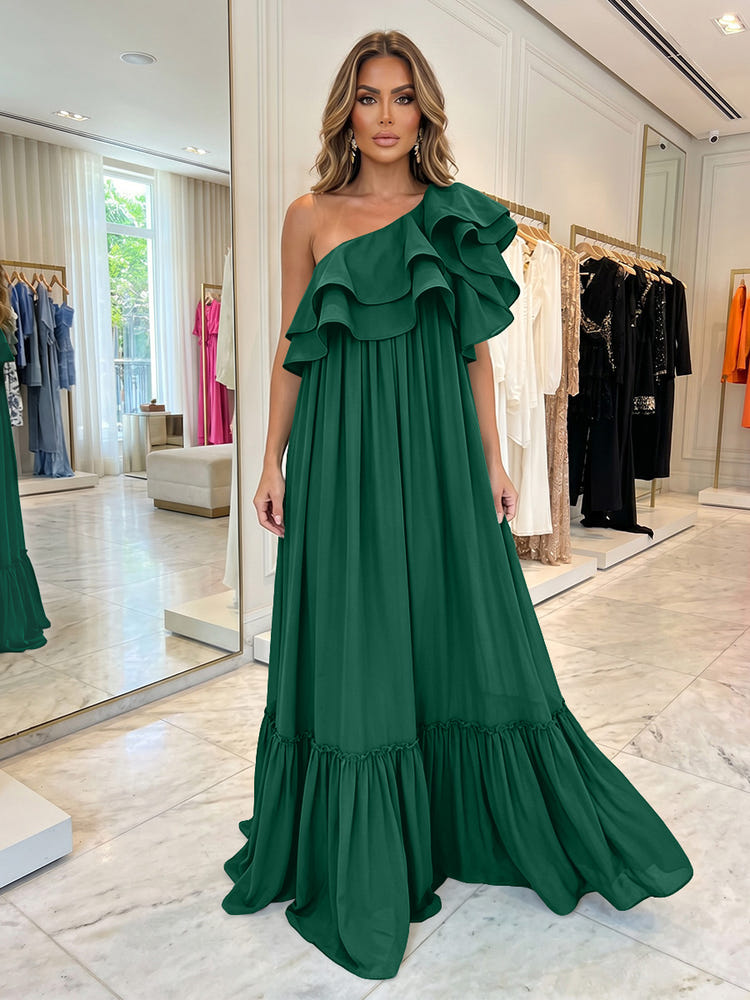 Chiffon A-Line One Shoulder Formal Dresses with Ruffles