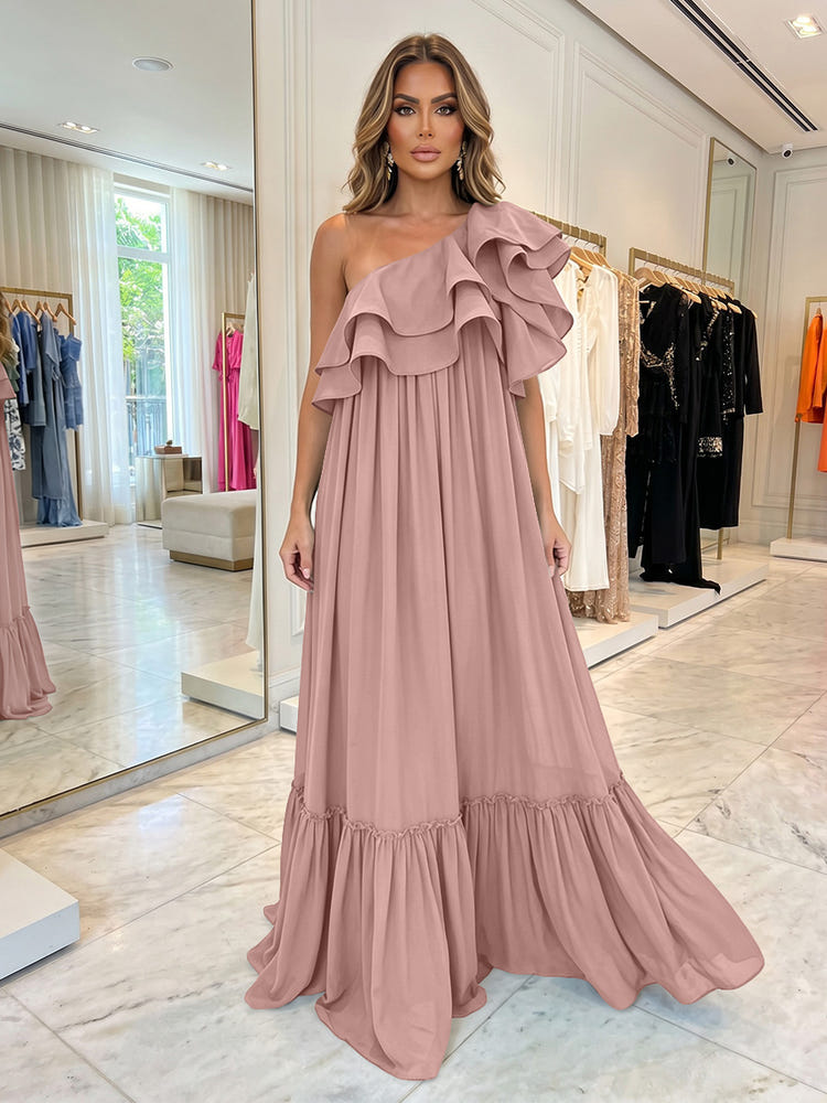 Chiffon A-Line One Shoulder Formal Dresses with Ruffles