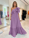 Chiffon A-Line One Shoulder Formal Dresses with Ruffles