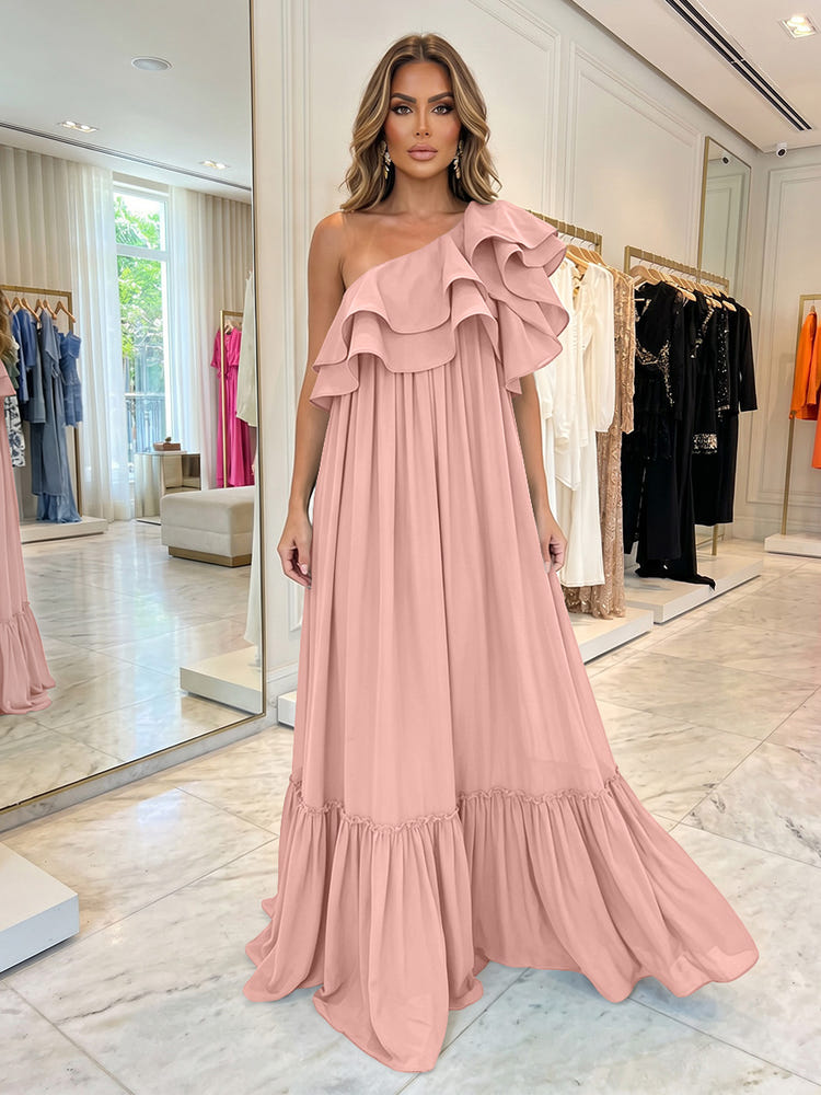 Chiffon A-Line One Shoulder Formal Dresses with Ruffles