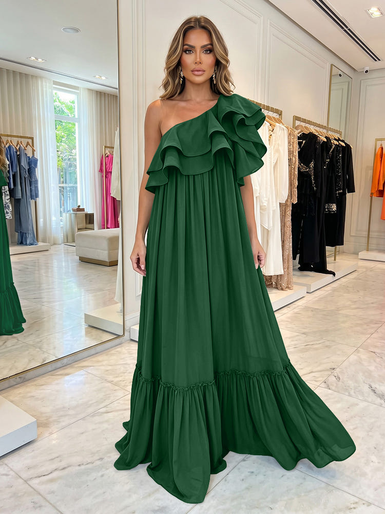 Chiffon A-Line One Shoulder Formal Dresses with Ruffles