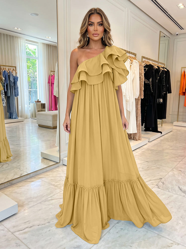 Chiffon A-Line One Shoulder Formal Dresses with Ruffles