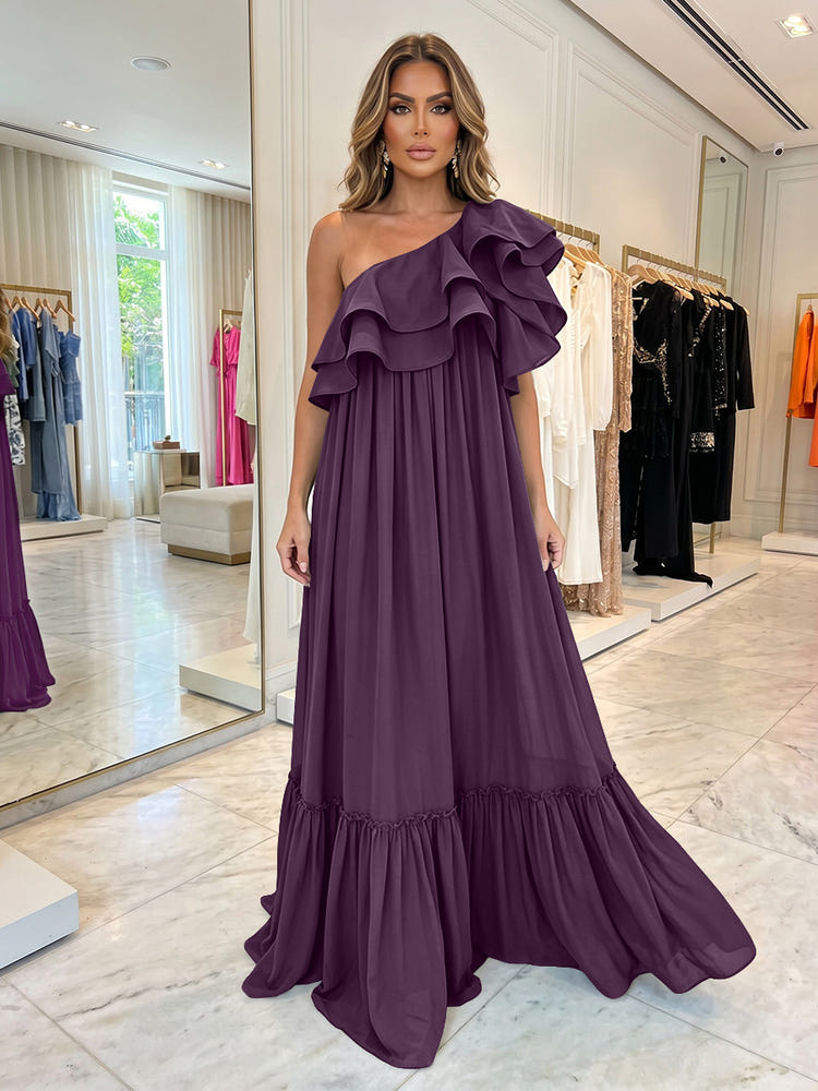 Chiffon A-Line One Shoulder Formal Dresses with Ruffles