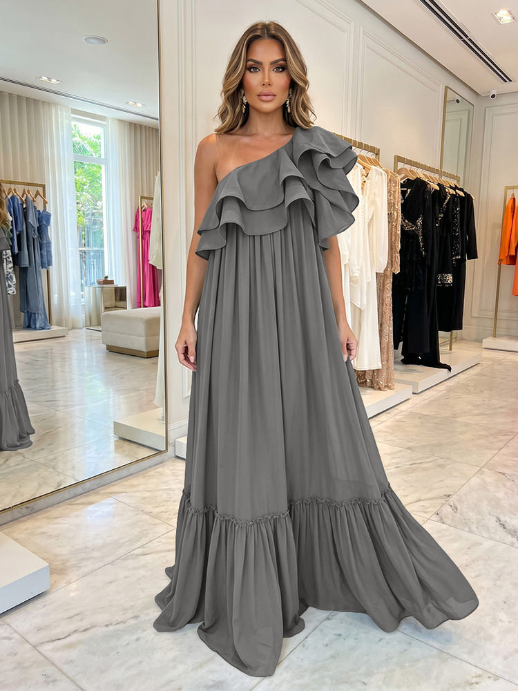 Chiffon A-Line One Shoulder Formal Dresses with Ruffles